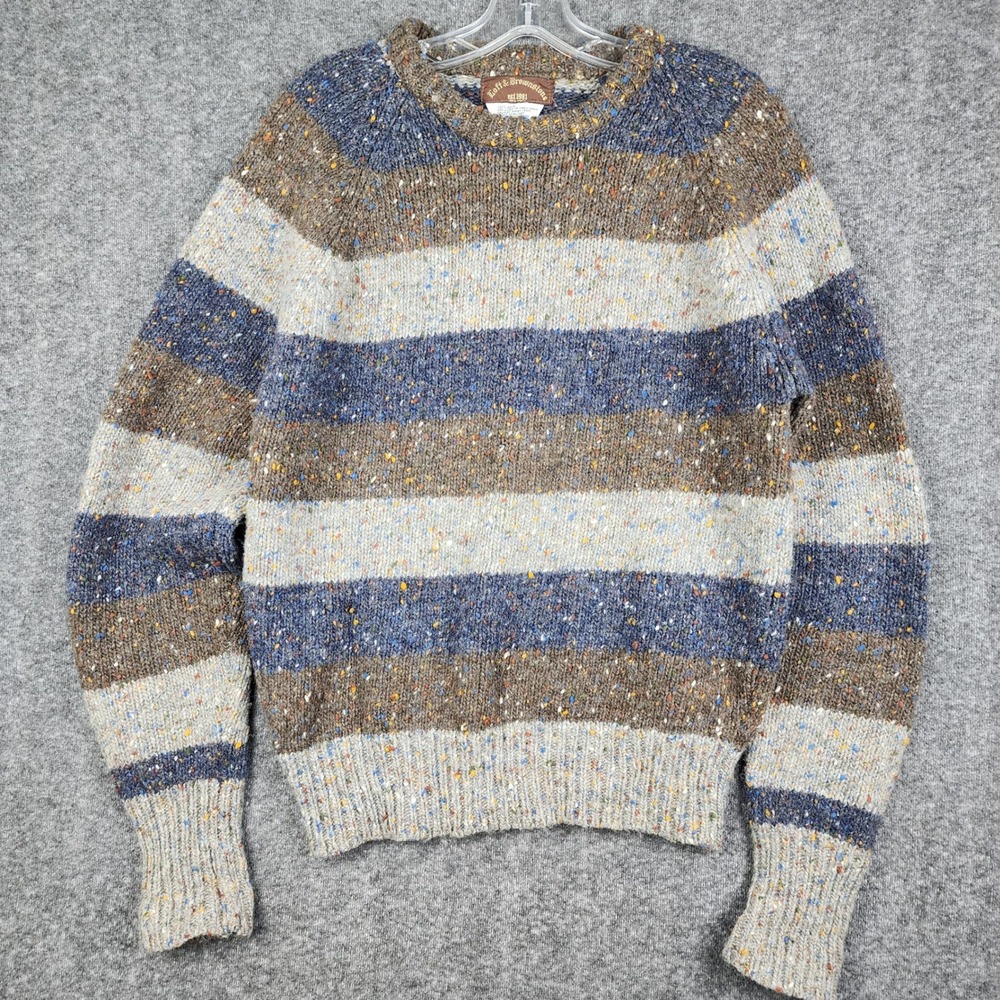 Loft & Brownstone Sweater Mens Large Blue Brown Striped 100% Wool Confetti Knit